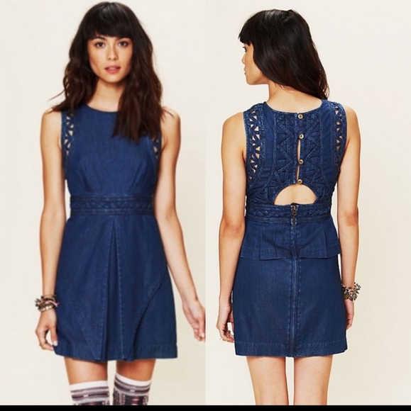 Free People New Romantics Denim Lattice Dress Size 0 - Picture 2 of 14